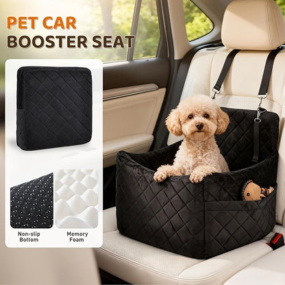 Black pet car seat booster with elevated sides, harness leashes and side storage pocket