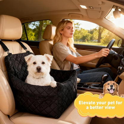 Black pet car seat booster with elevated sides, harness leashes and side storage pocket