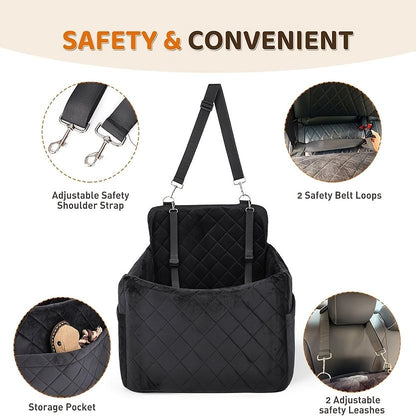 Black pet car seat booster with elevated sides, harness leashes and side storage pocket