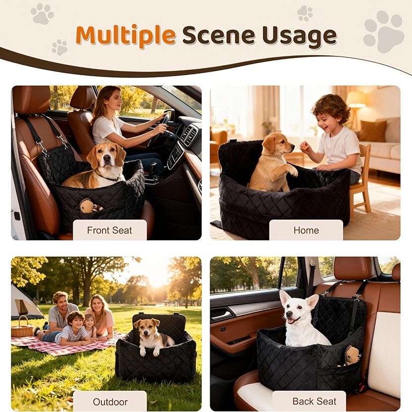 Black pet car seat booster with elevated sides, harness leashes and side storage pocket