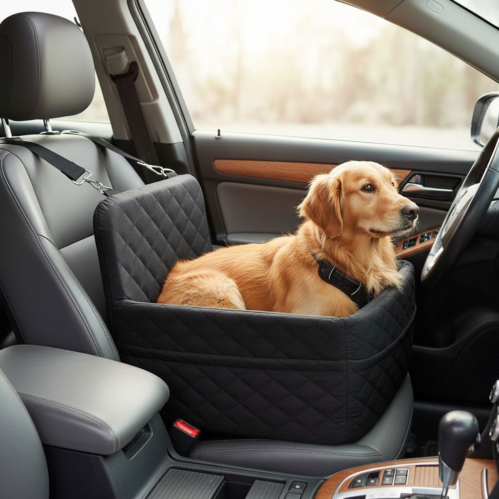 Black pet car seat booster with elevated sides, harness leashes and side storage pocket