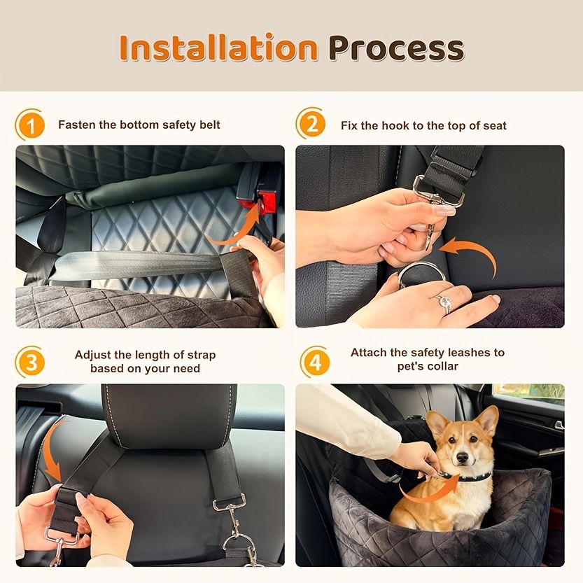 Black pet car seat booster with elevated sides, harness leashes and side storage pocket