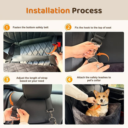 Black pet car seat booster with elevated sides, harness leashes and side storage pocket