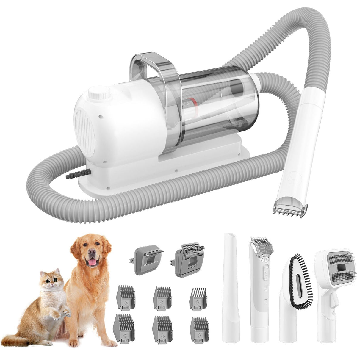 Grey pet grooming vacuum kit with electric clipper, brush attachments and hose