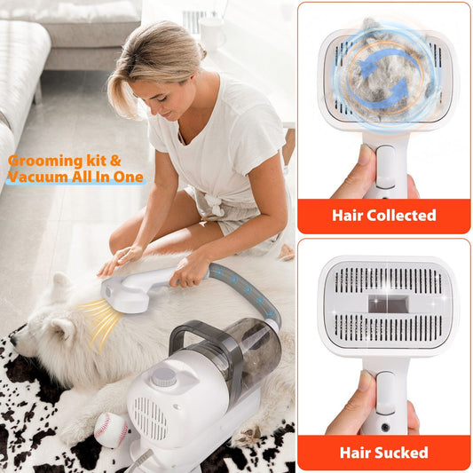Grey pet grooming vacuum kit with electric clipper, brush attachments and hose