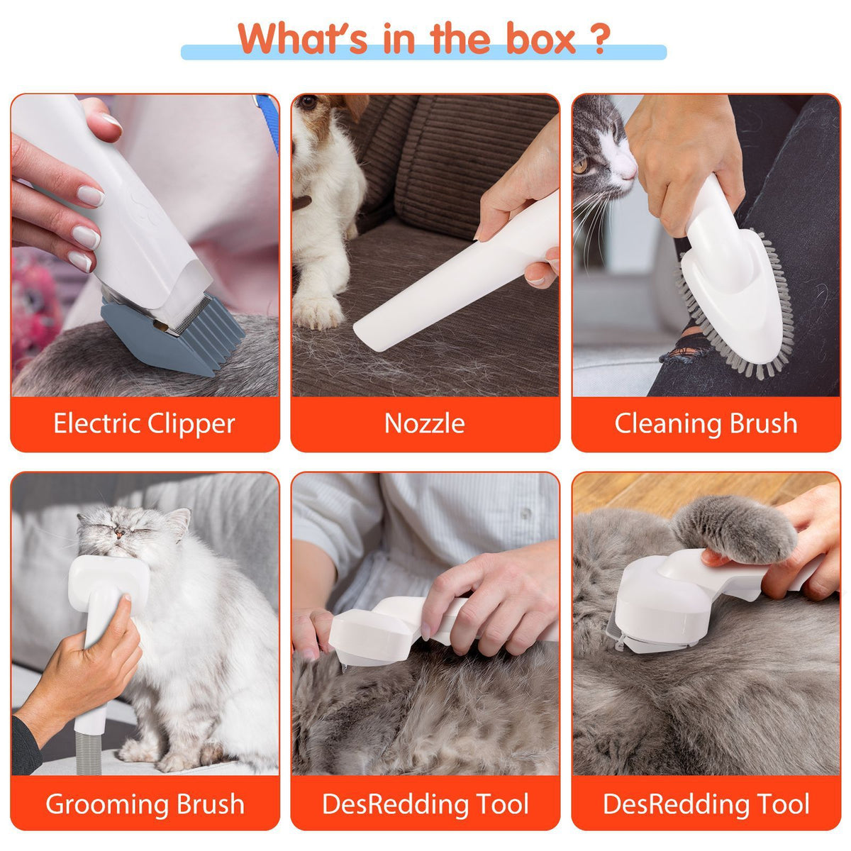 Grey pet grooming vacuum kit with electric clipper, brush attachments and hose
