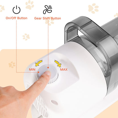 Grey pet grooming vacuum kit with electric clipper, brush attachments and hose