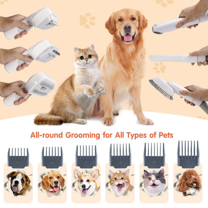 Grey pet grooming vacuum kit with electric clipper, brush attachments and hose