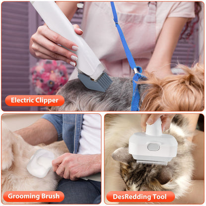 Grey pet grooming vacuum kit with electric clipper, brush attachments and hose