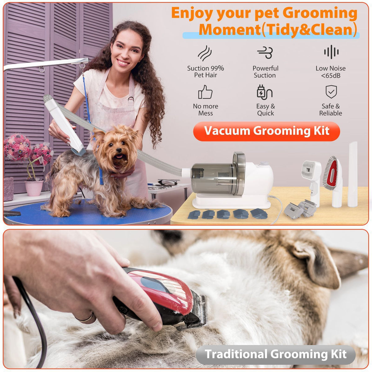 Grey pet grooming vacuum kit with electric clipper, brush attachments and hose
