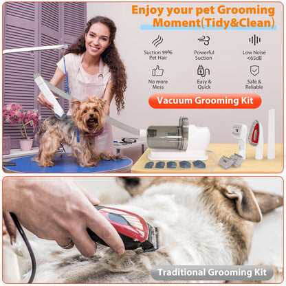 Grey pet grooming vacuum kit with electric clipper, brush attachments and hose
