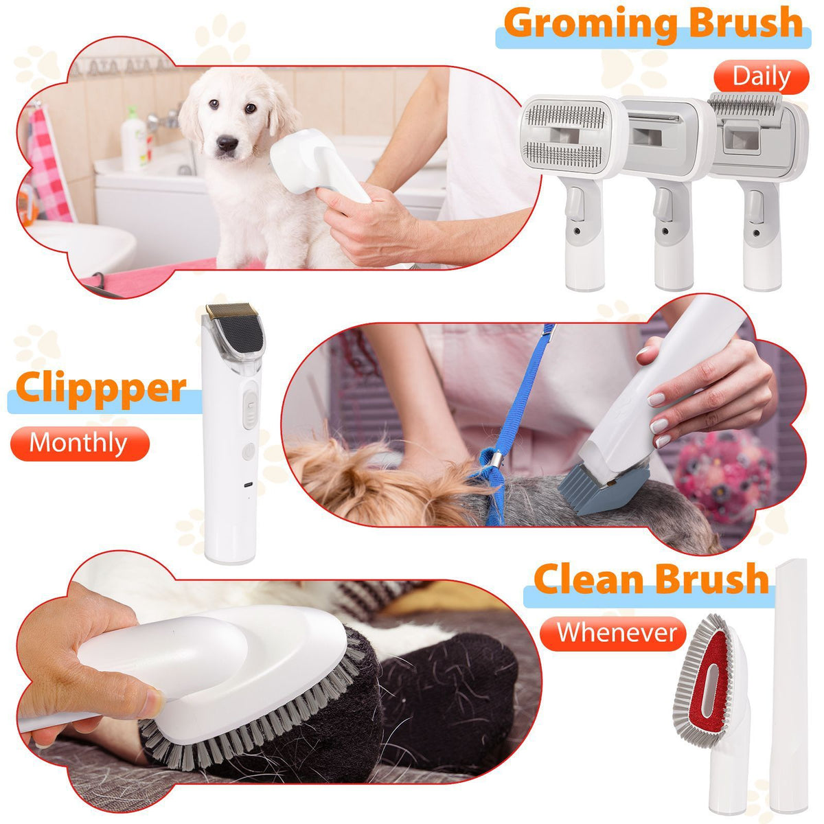 Grey pet grooming vacuum kit with electric clipper, brush attachments and hose