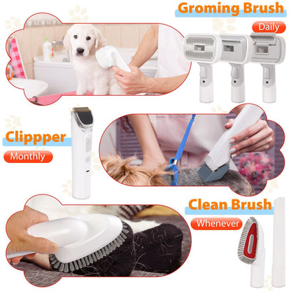 Grey pet grooming vacuum kit with electric clipper, brush attachments and hose