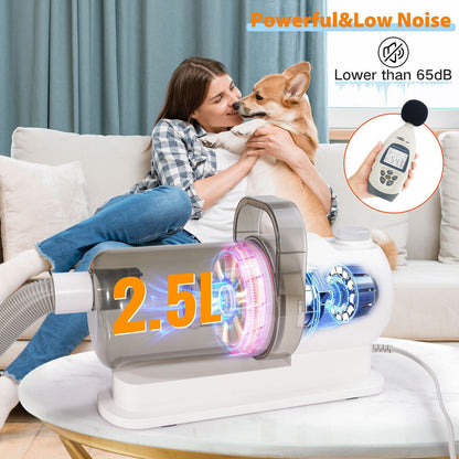 Grey pet grooming vacuum kit with electric clipper, brush attachments and hose