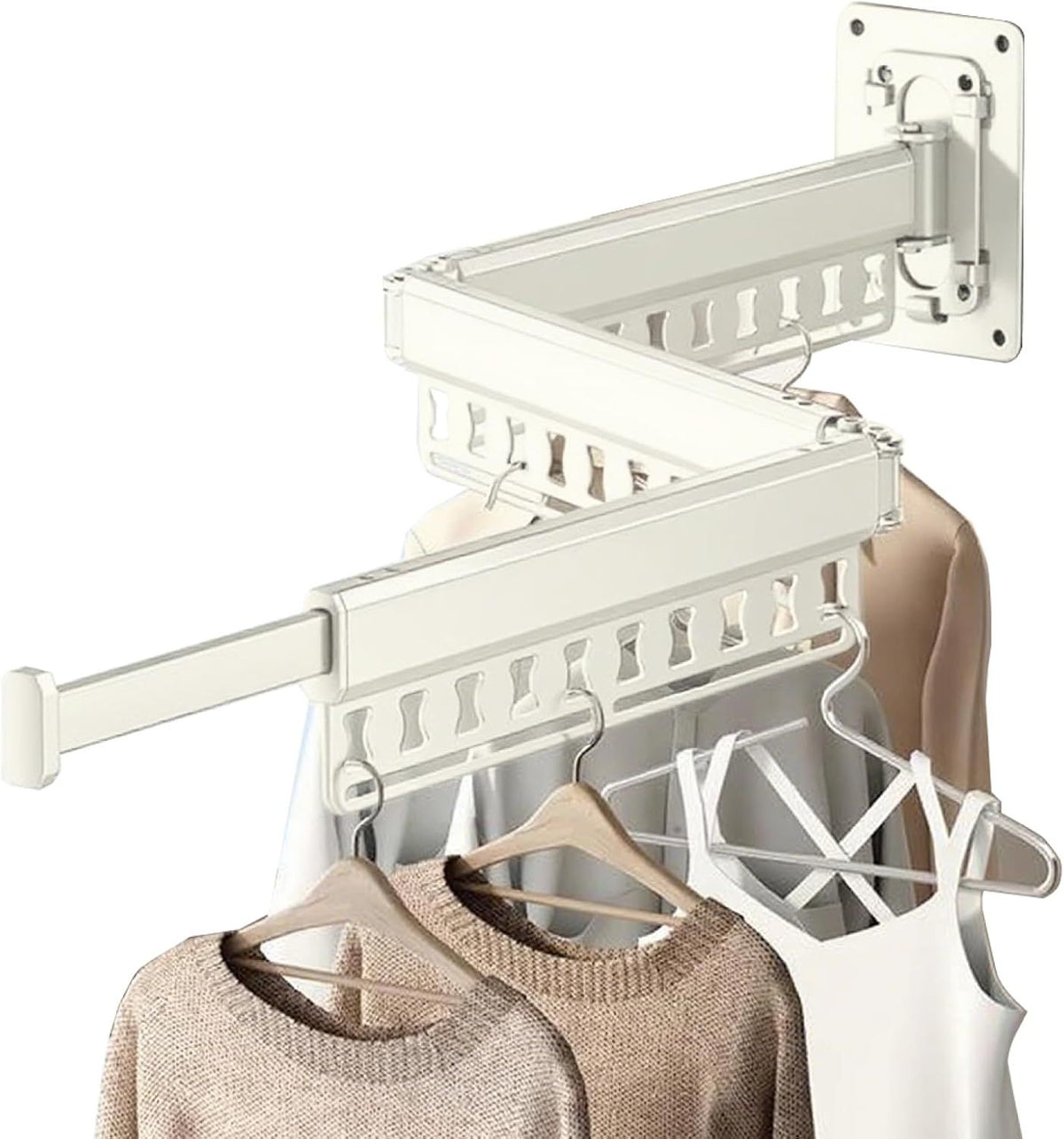 White wall-mounted folding drying rack with retractable rod and hanging holes