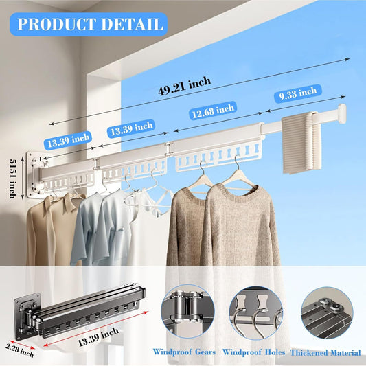 White wall-mounted folding drying rack with retractable rod and hanging holes
