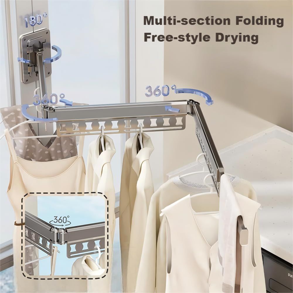 White wall-mounted folding drying rack with retractable rod and hanging holes