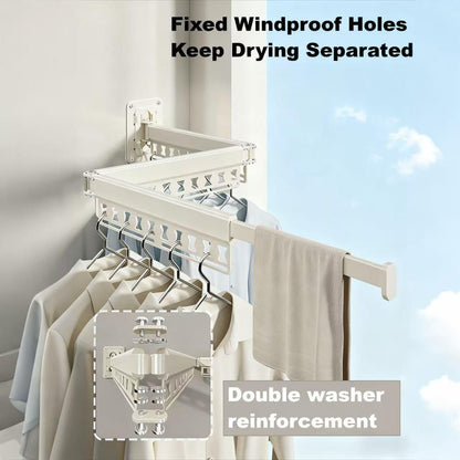 White wall-mounted folding drying rack with retractable rod and hanging holes