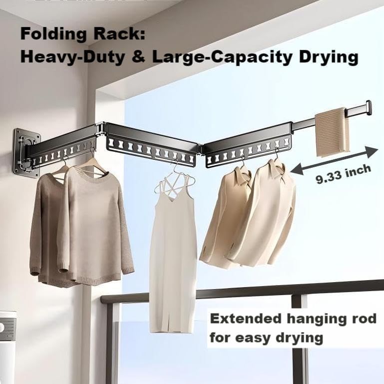 White wall-mounted folding drying rack with retractable rod and hanging holes