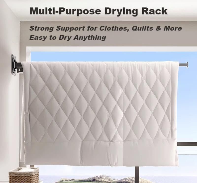 White wall-mounted folding drying rack with retractable rod and hanging holes