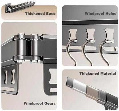White wall-mounted folding drying rack with retractable rod and hanging holes
