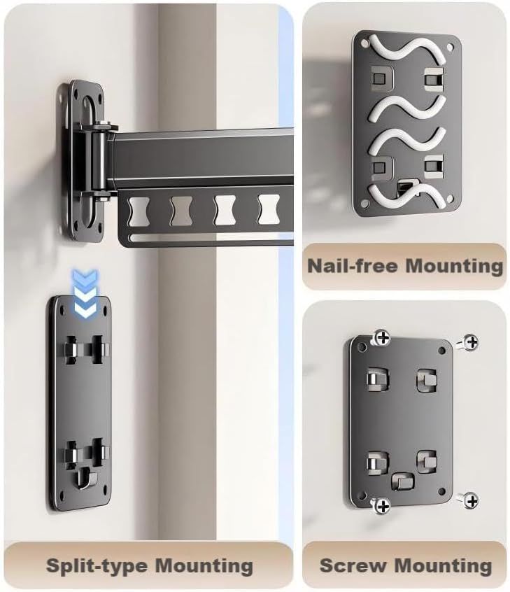 White wall-mounted folding drying rack with retractable rod and hanging holes