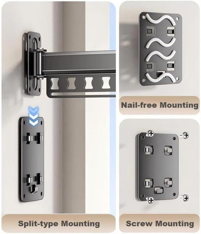 White wall-mounted folding drying rack with retractable rod and hanging holes