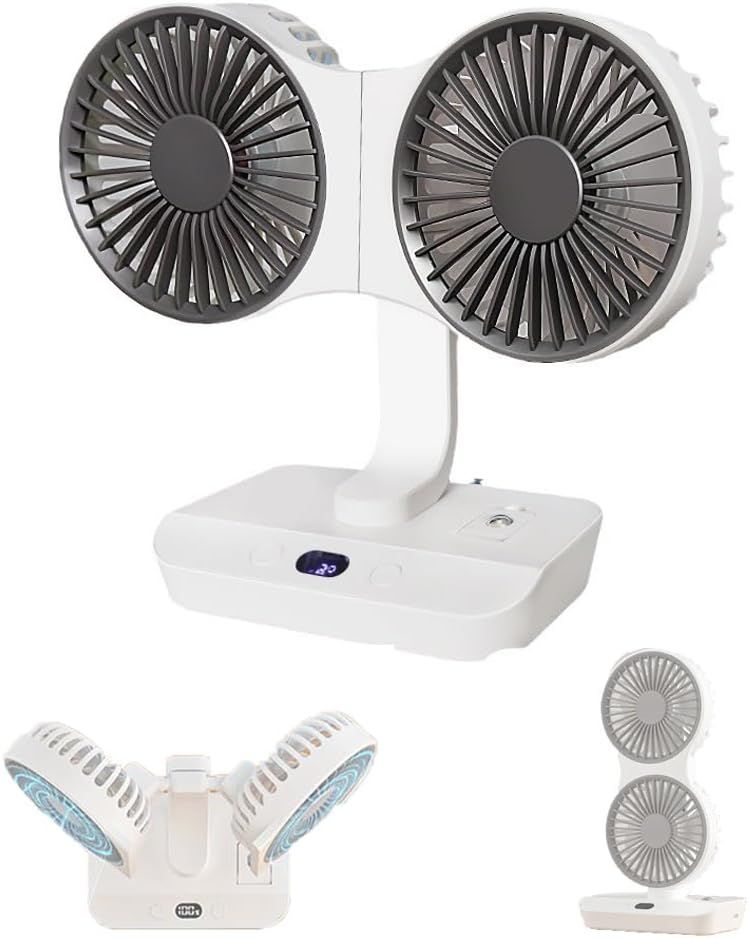 White dual-head rechargeable desktop fan with LED display and compact base