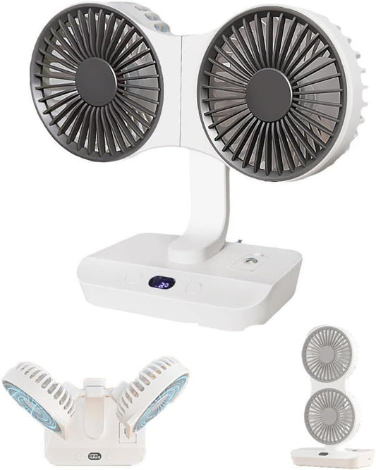 White dual-head rechargeable desktop fan with LED display and compact base