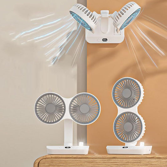 White dual-head rechargeable desktop fan with LED display and compact base