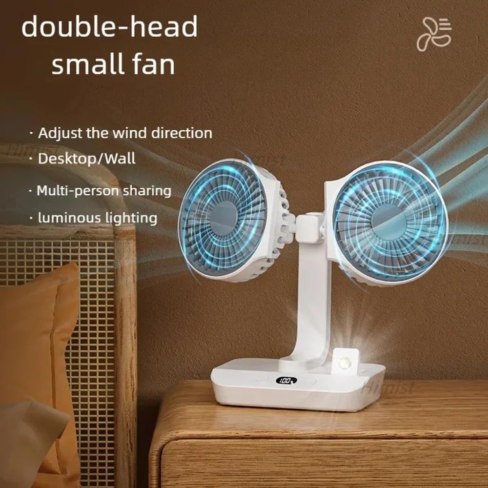 White dual-head rechargeable desktop fan with LED display and compact base