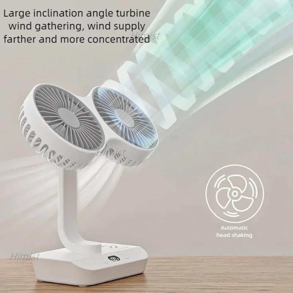 White dual-head rechargeable desktop fan with LED display and compact base