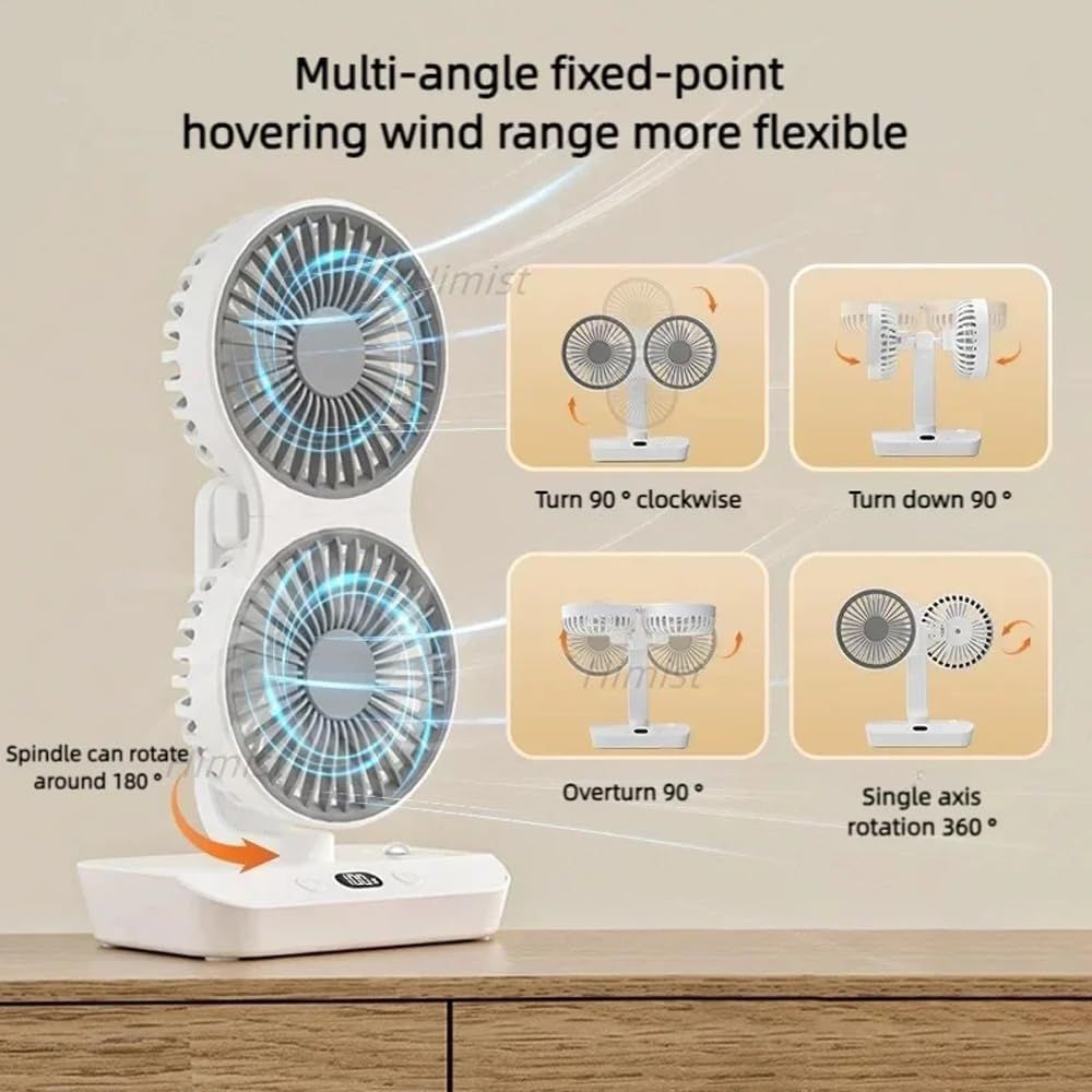 White dual-head rechargeable desktop fan with LED display and compact base