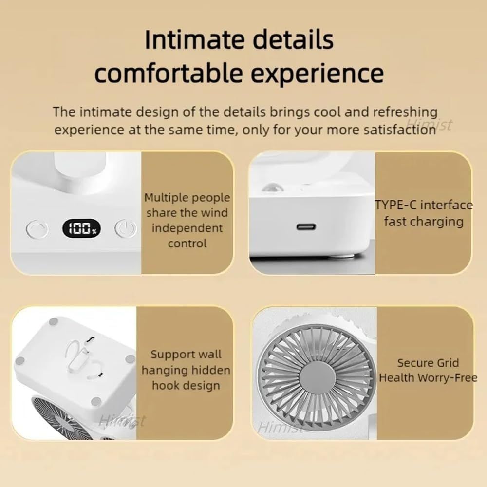 White dual-head rechargeable desktop fan with LED display and compact base