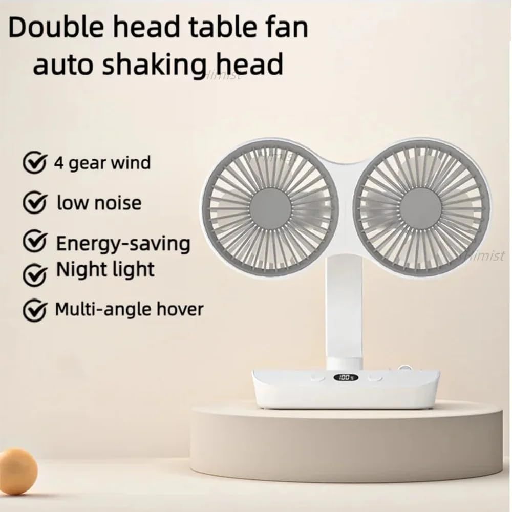 White dual-head rechargeable desktop fan with LED display and compact base