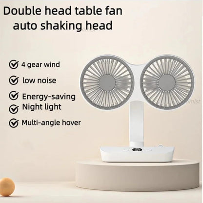 White dual-head rechargeable desktop fan with LED display and compact base