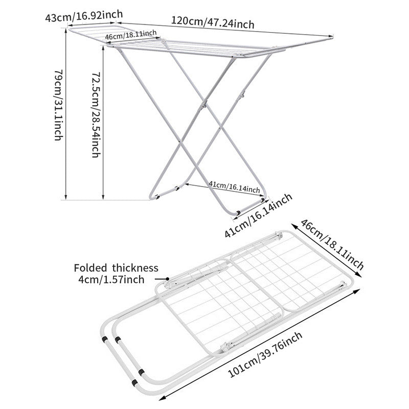 White iron folding drying rack with multiple bars and triangle support