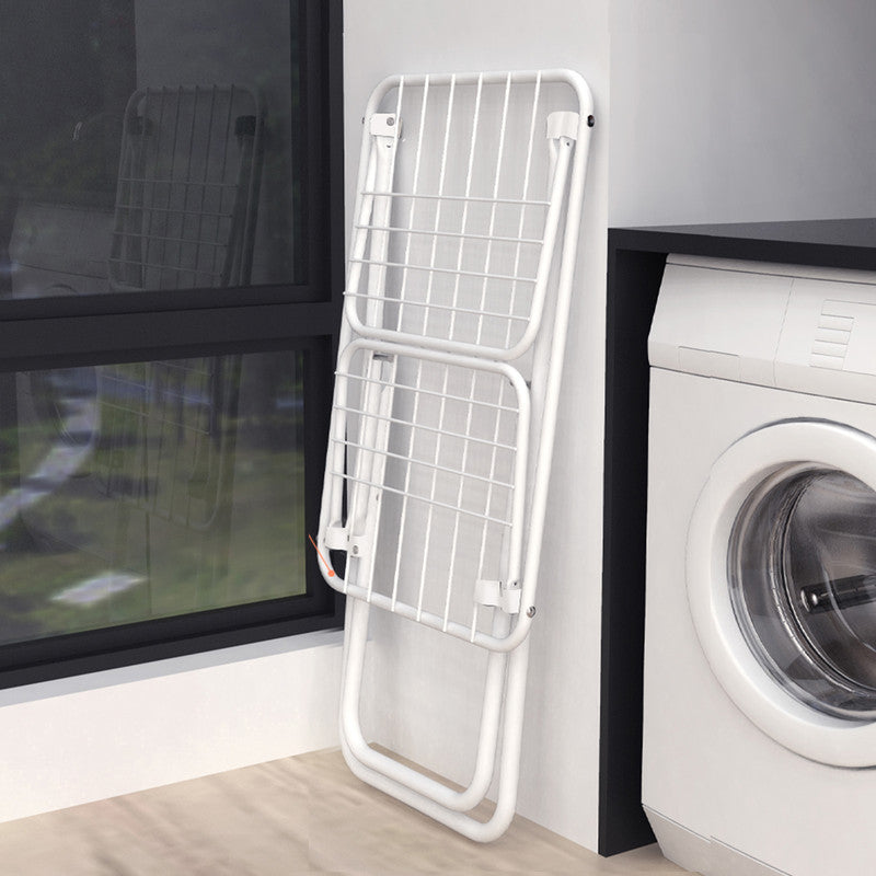 White iron folding drying rack with multiple bars and triangle support