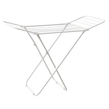 White folding clothes drying rack with double-wing sides and horizontal bars