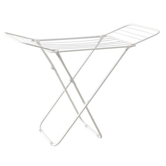 White folding clothes drying rack with double-wing sides and horizontal bars
