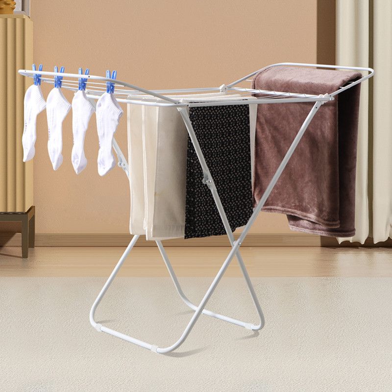 White folding clothes drying rack with double-wing sides and horizontal bars