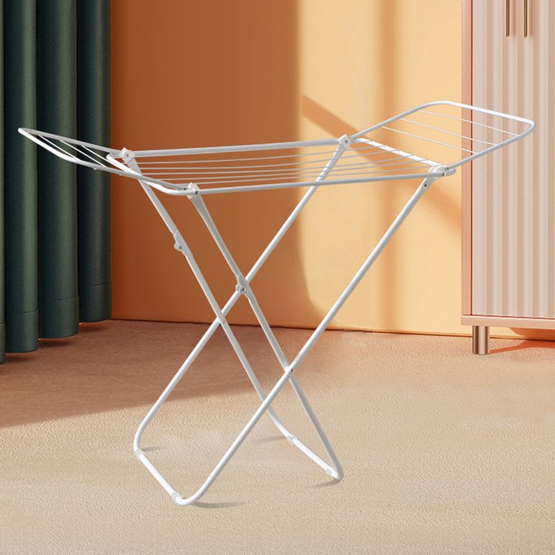 White folding clothes drying rack with double-wing sides and horizontal bars