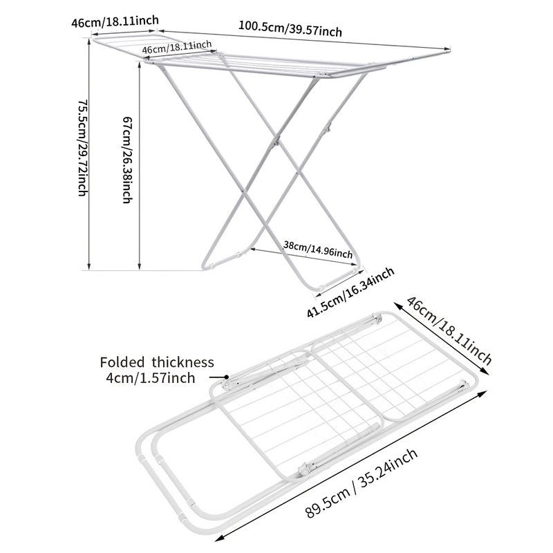 White folding clothes drying rack with double-wing sides and horizontal bars