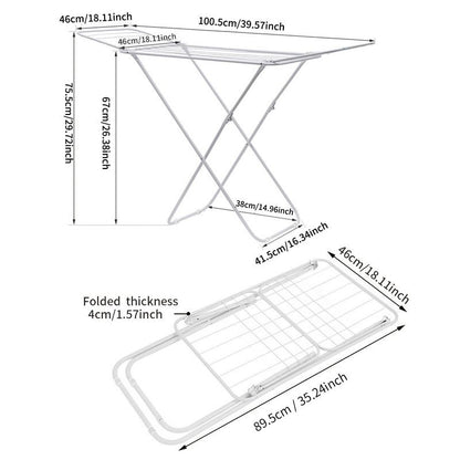 White folding clothes drying rack with double-wing sides and horizontal bars