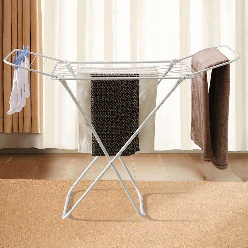 White folding clothes drying rack with double-wing sides and horizontal bars