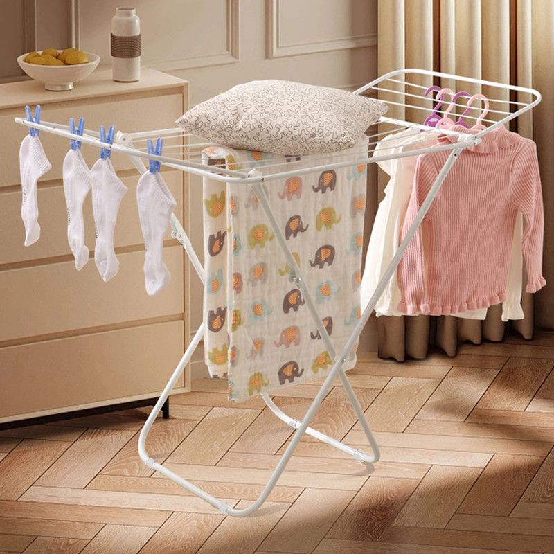 White folding clothes drying rack with double-wing sides and horizontal bars