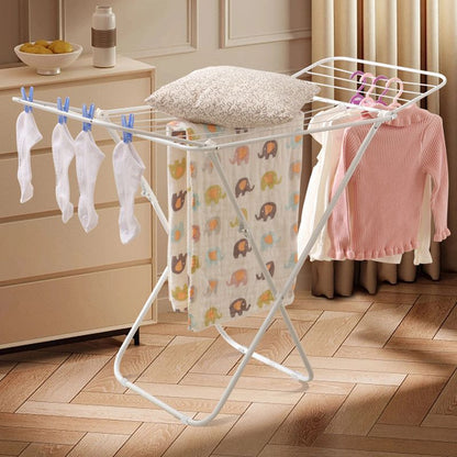 White folding clothes drying rack with double-wing sides and horizontal bars