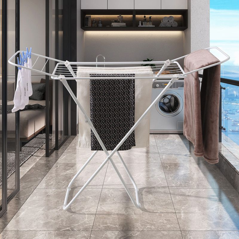 White folding clothes drying rack with double-wing sides and horizontal bars