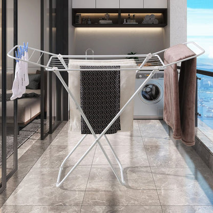 White folding clothes drying rack with double-wing sides and horizontal bars
