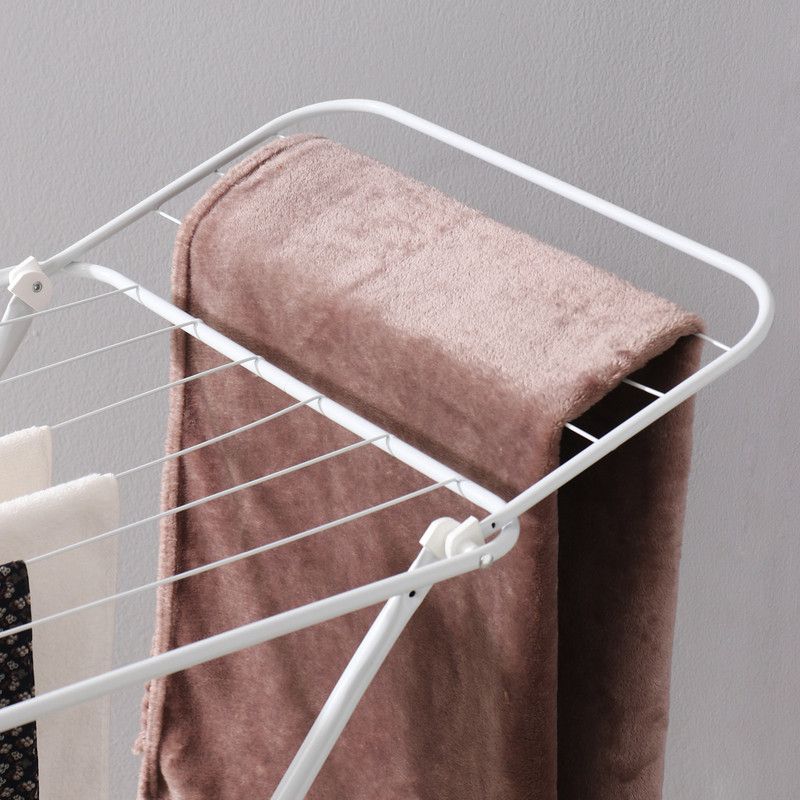 White folding clothes drying rack with double-wing sides and horizontal bars